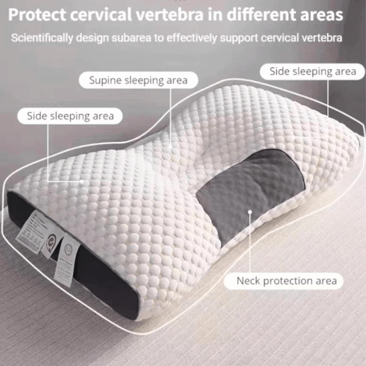 Orthopedisch kussen in zijaanzicht voor nek- en rugondersteuning, wit, ergonomische vorm, geschikt voor alle slaaphoudingen.