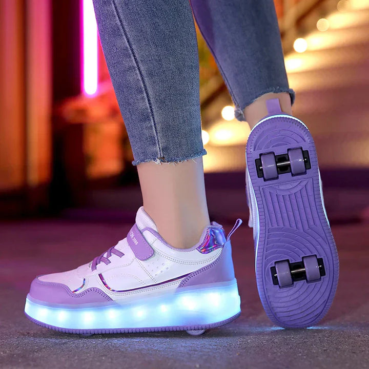 Trendy LED kinder schoenen die transformeren in rolschaatsen, comfortabel en veilig dankzij orthopedisch design.