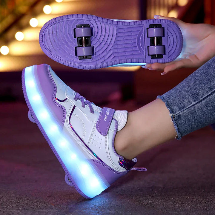 Zoe orthopedische LED rolsneakers voor actieve kinderen, met duurzame wieltjes en makkelijke klittenbandsluiting.