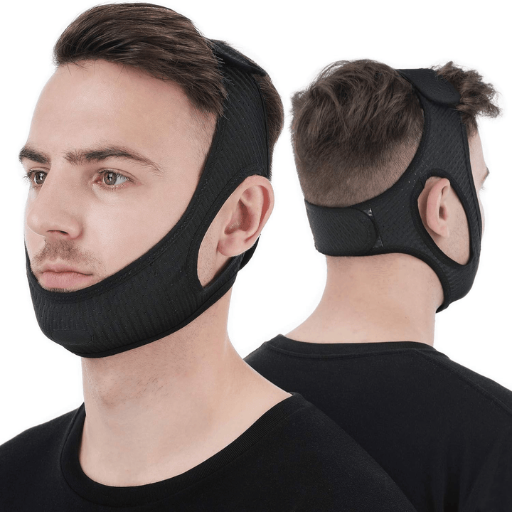 "OrthoPlus anti-snurk kinriem: blauw, ademend textiel met verstelbare klittenbandsluiting voor effectieve snurkvermindering."