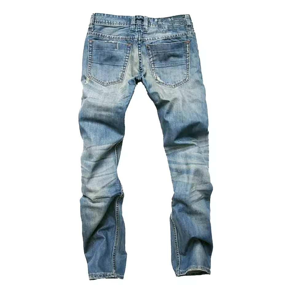 Gescheurde slim-fit herenjeans in donkerblauw denim. Veelzijdige en comfortabele broek voor een moderne look.