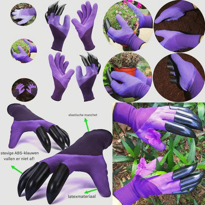 Handige paarse tuinklauwhandschoenen voor moeiteloos graven, planten en harken; essentieel tuingereedschap.
