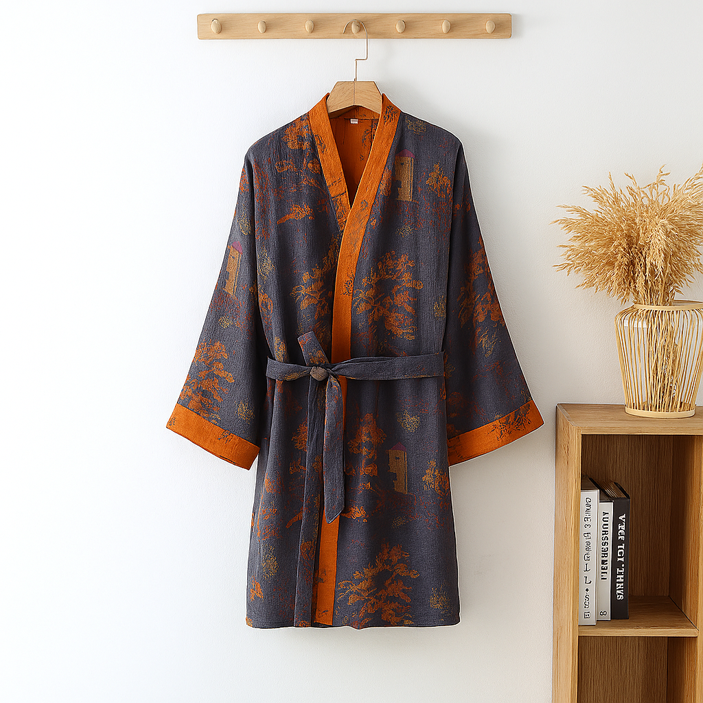 Paarsoranje heren katoenen kimono badjas met ademend jacquard patroon, ideaal voor lente/zomer thuiscomfort.