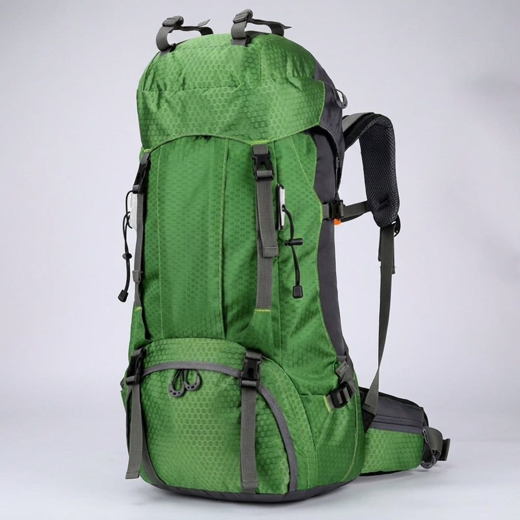 Detail van het weerbestendige materiaal van de Pathward 60L trekking rugzak, sterk en duurzaam voor outdoor.