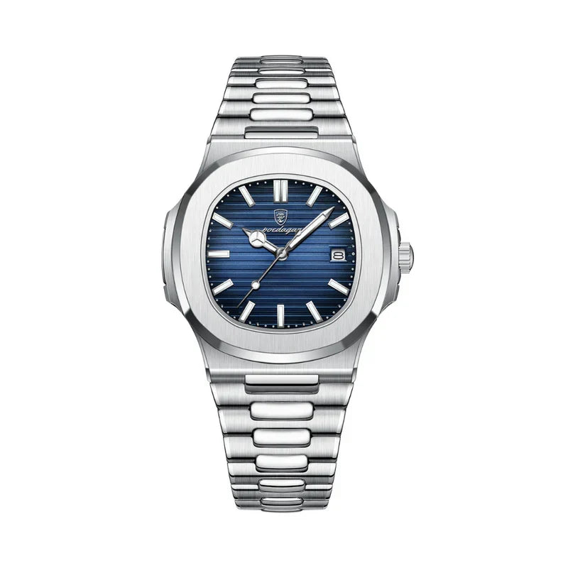 Elegant herenhorloge met blauwe wijzerplaat en stalen horlogeband