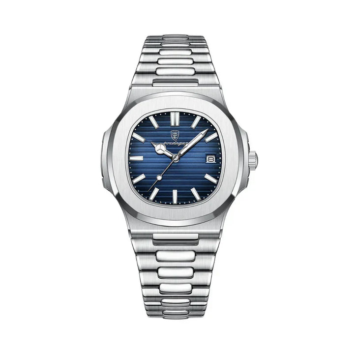 Elegant herenhorloge met blauwe wijzerplaat en stalen horlogeband
