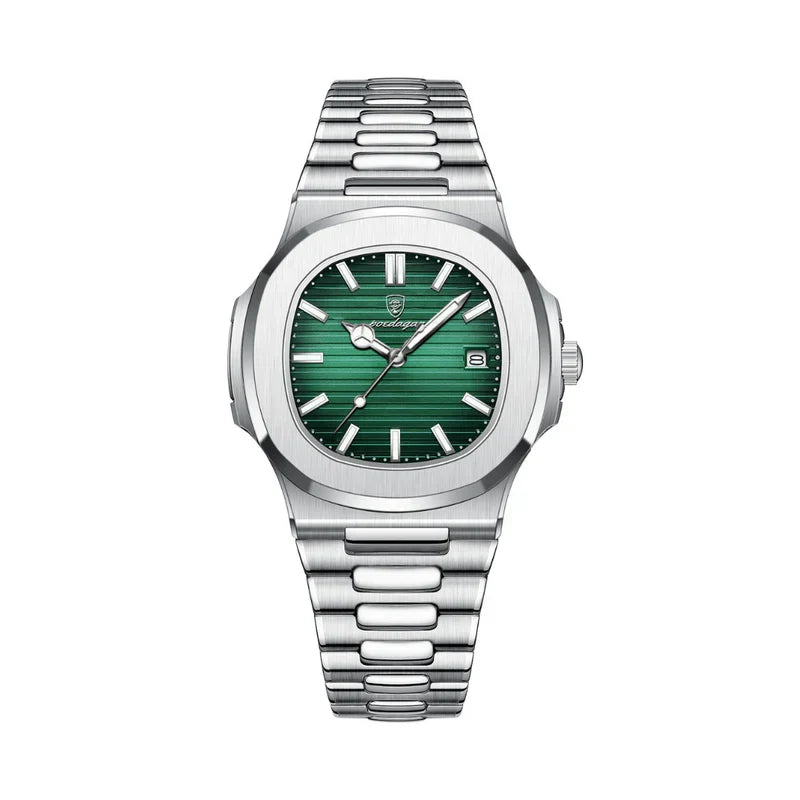 Klassiek herenhorloge met groene wijzerplaat en zilverkleurige schakelband