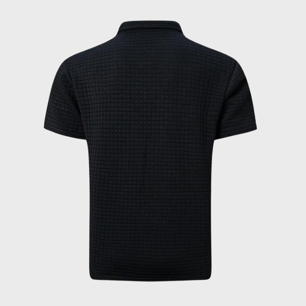 Achterkant van het donkerblauwe herenpoloshirt met structuur