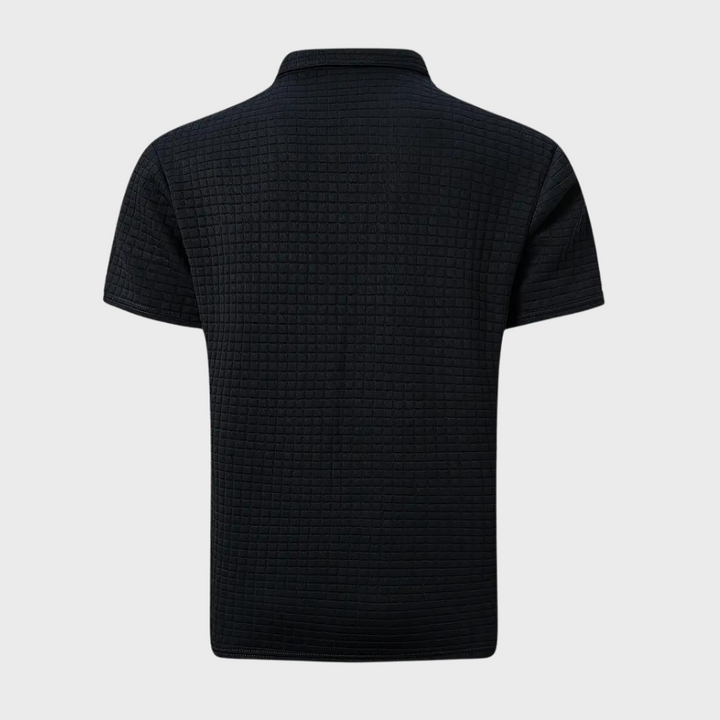 Achterkant van het donkerblauwe herenpoloshirt met structuur