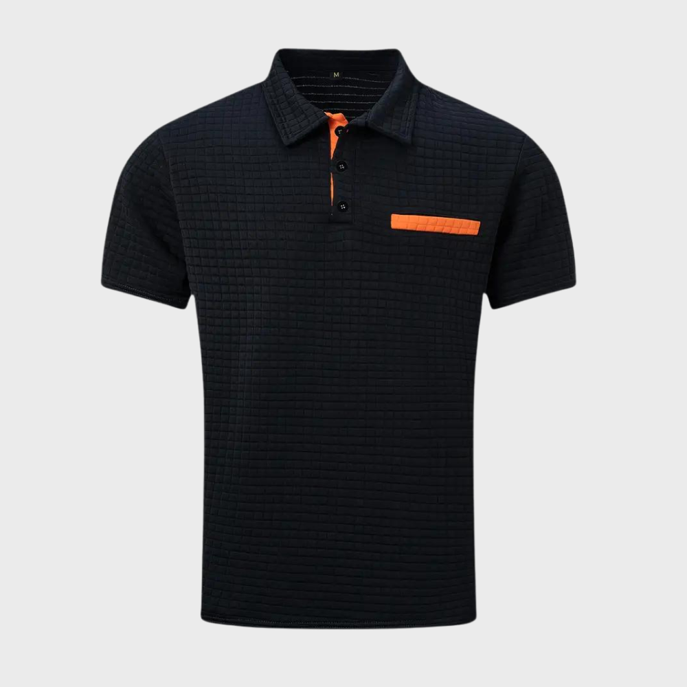 Donkerblauw herenpoloshirt met korte mouwen en oranje accenten