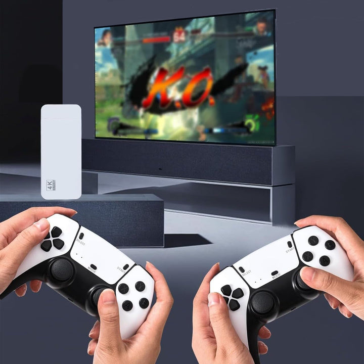 Compacte Pixento retro gameconsole met HDMI-uitgang, klaar om 20.000+ klassieke games plug-and-play te spelen.