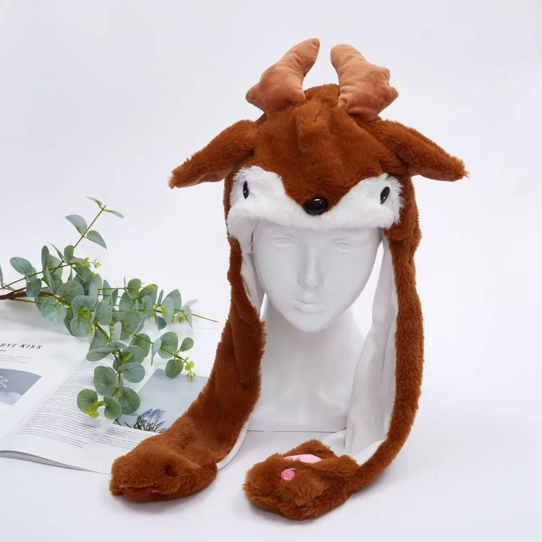 Zachte pluche muts met bewegende konijnenoortjes. Comfortabel en uniek accessoire.