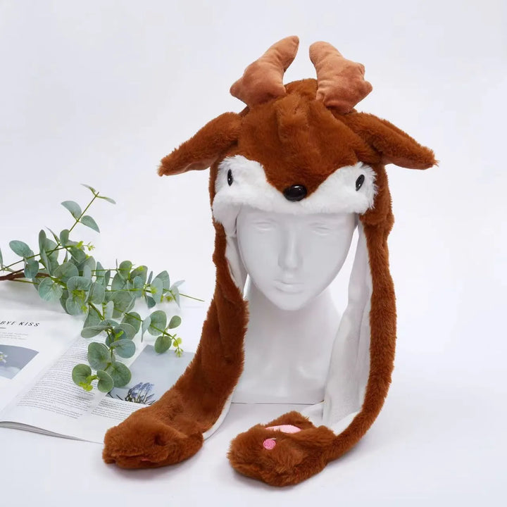 Zachte pluche muts met bewegende konijnenoortjes. Comfortabel en uniek accessoire.