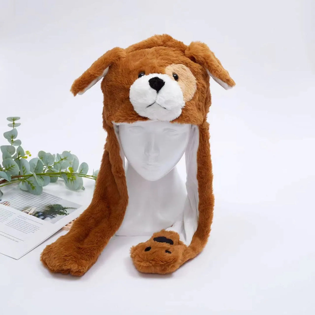 Blauwe dierenmuts met bewegende oren. Pluche en warm, perfect voor themafeesten.