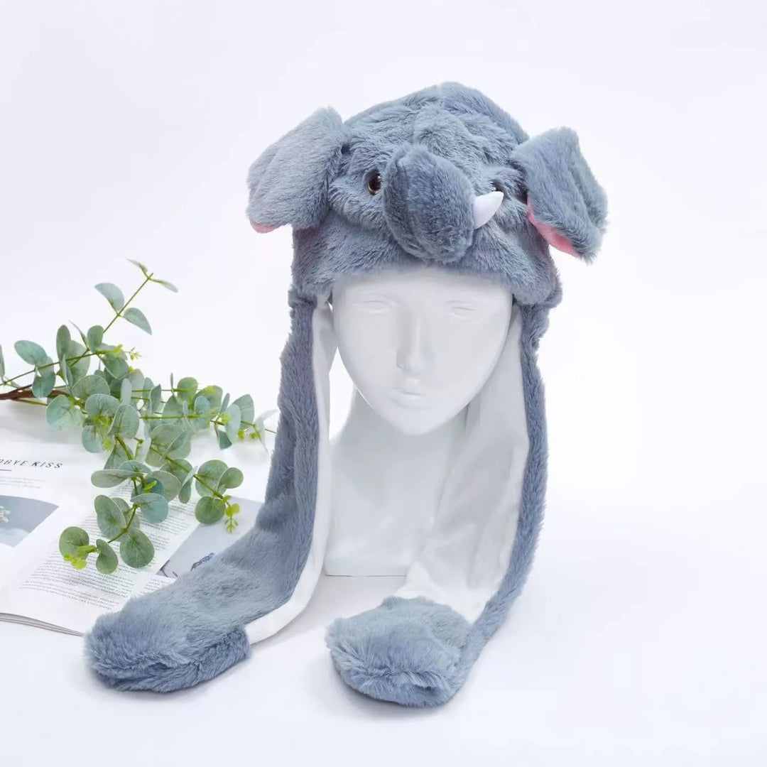 Grijze kattenmuts met bewegende oren. Comfortabele pluche muts voor elke gelegenheid.
