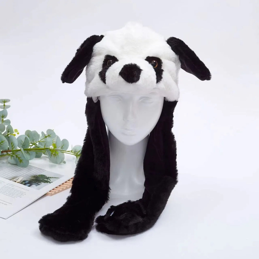 Zwarte BunnyBounce muts met beweegbare oren. Trendy en warm voor koude dagen.