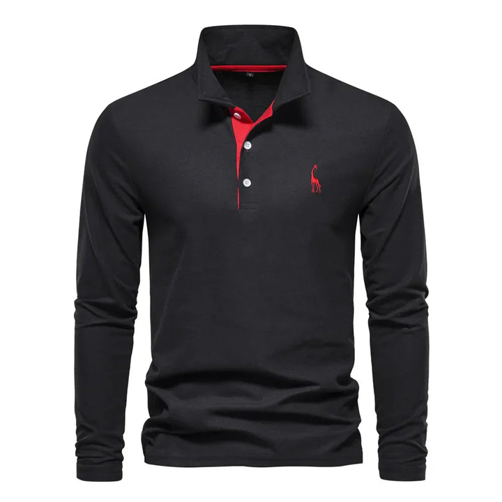 "Poloshirt heren, lange mouwen, stijlvol borduursel, elegante kraag, donkerblauwe stof, geschikt voor casual en formeel."