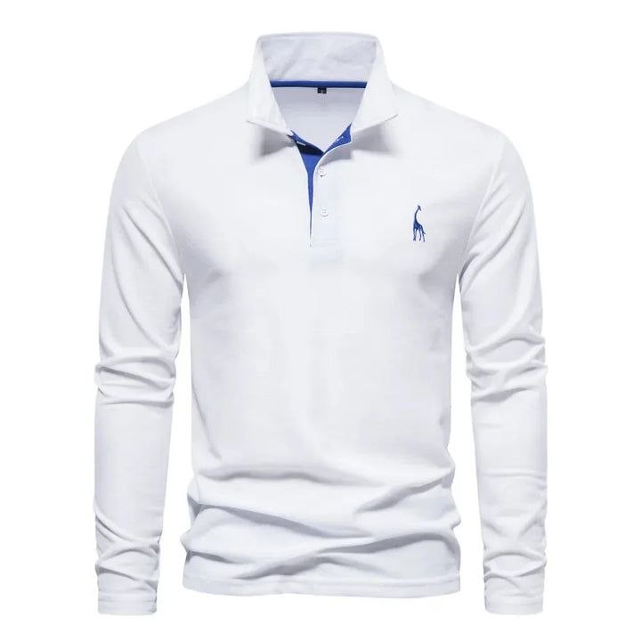 "Poloshirt heren, lange mouwen, stijlvol borduursel, elegante kraag, donkerblauwe stof, geschikt voor casual en formeel."
