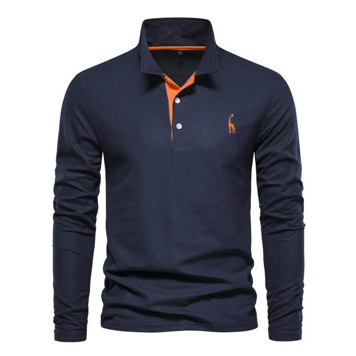 "Poloshirt heren, lange mouwen, stijlvol borduursel, elegante kraag, donkerblauwe stof, geschikt voor casual en formeel."