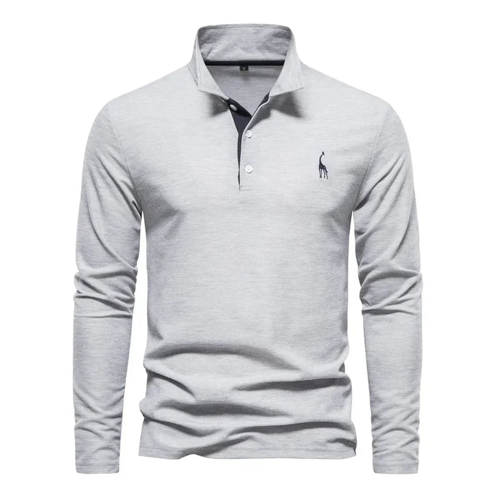 "Poloshirt heren, lange mouwen, stijlvol borduursel, elegante kraag, donkerblauwe stof, geschikt voor casual en formeel."