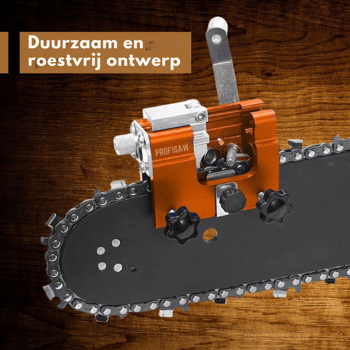 Kettingslijper gemonteerd op de geleider van een kettingzaag voor houtbewerking