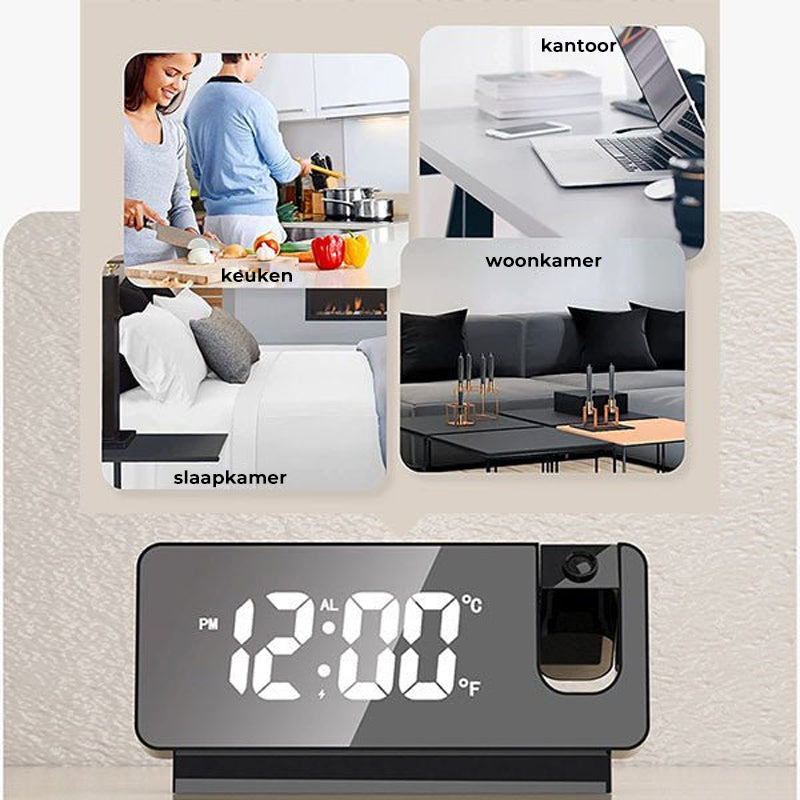 Digitale wekker met plafondprojectie, perfect voor een donkere slaapkamer. Moderne LED klok.