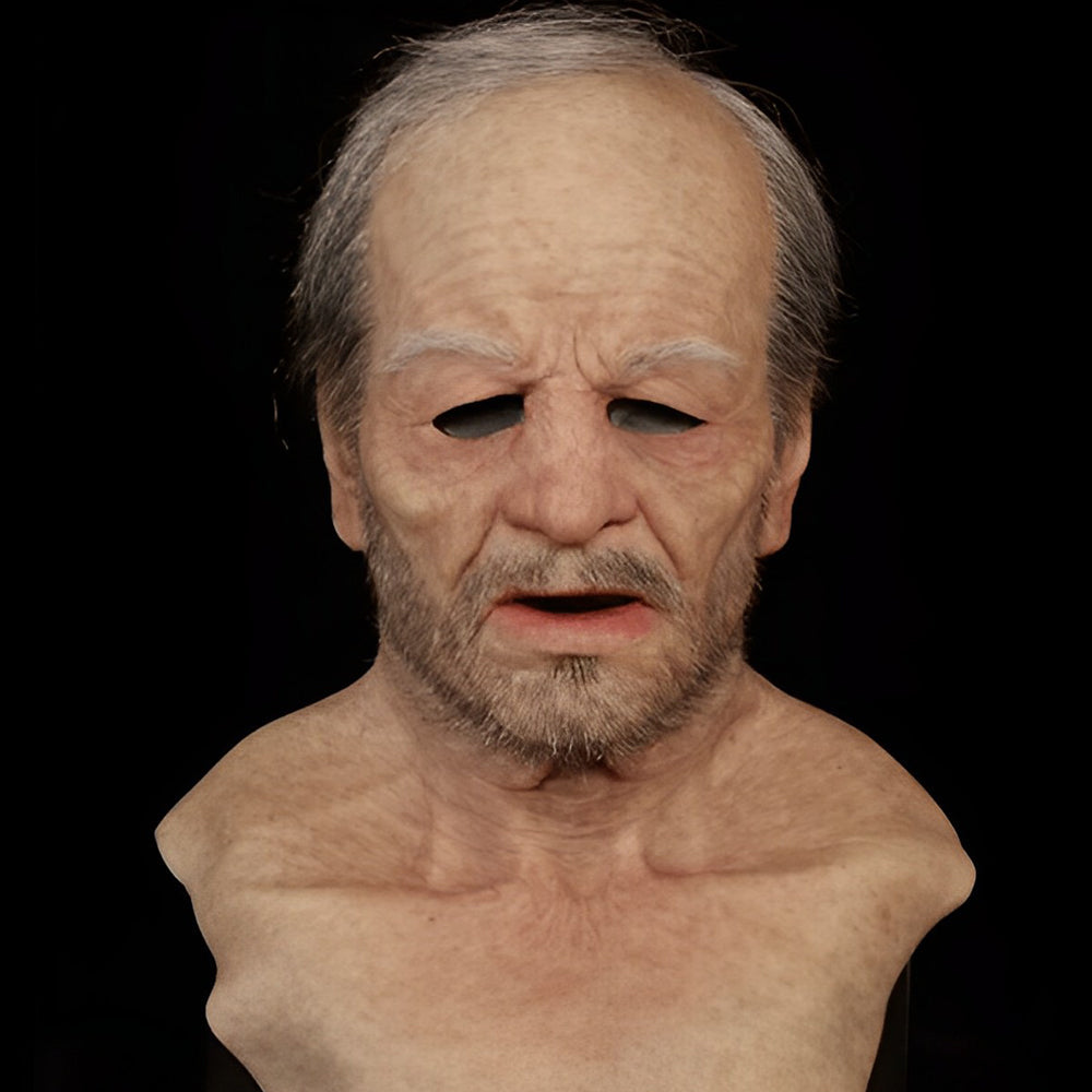 Latex oud man masker met beweegbare mond voor Halloween, cosplay, theater en feestelijke vermommingen.