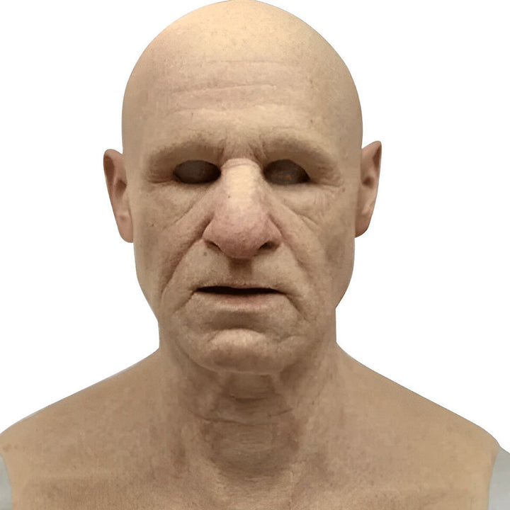 Angstaanjagend realistisch oud man masker met bewegende mond voor Halloween kostuums en enge themafeesten.