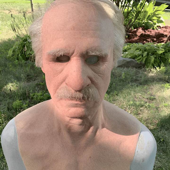 Realistisch oud man gezichtsmasker van latex met beweegbare mond voor cosplay en verkleedkleding.