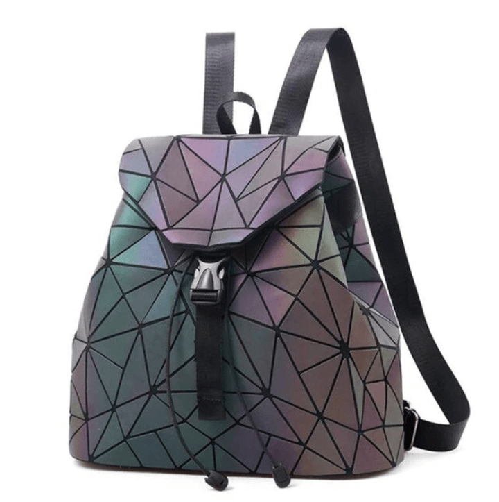 Praktische damesrugzak met uniek reflecterend, kleurveranderend geometrisch patroon.