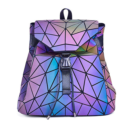 Unieke damesrugzak met geometrisch reflecterend patroon, kleurveranderend in het licht.