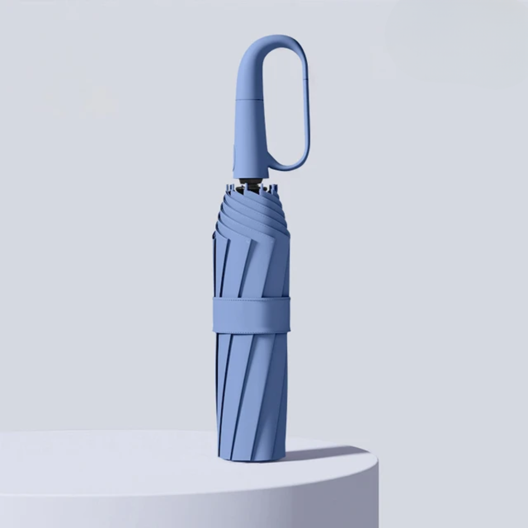 Sterke windbestendige paraplu, compact model met reflectie voor extra zichtbaarheid en regenbescherming.