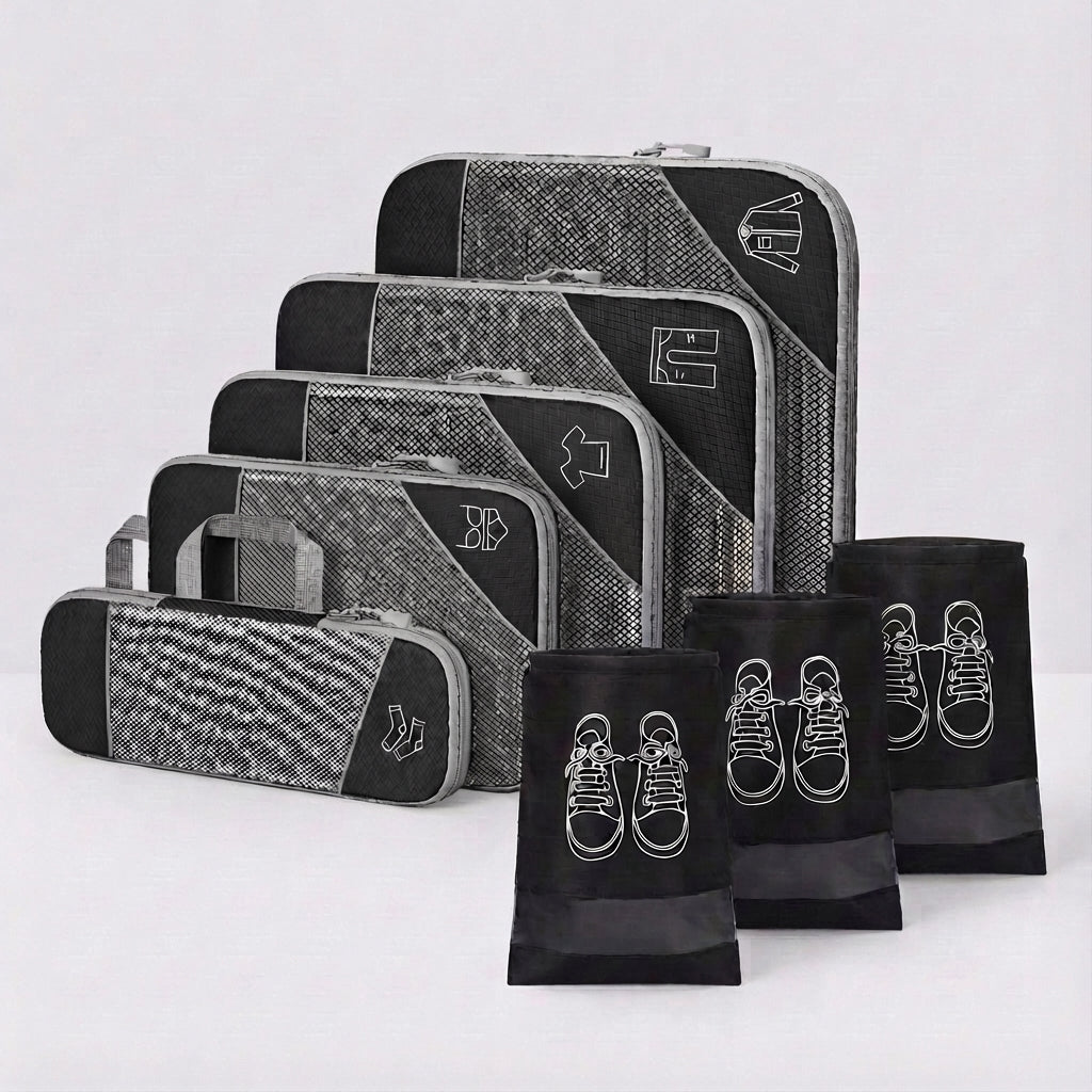 Complete set packing cubes in S, M, L maten. Perfect voor georganiseerd inpakken van verschillende items.