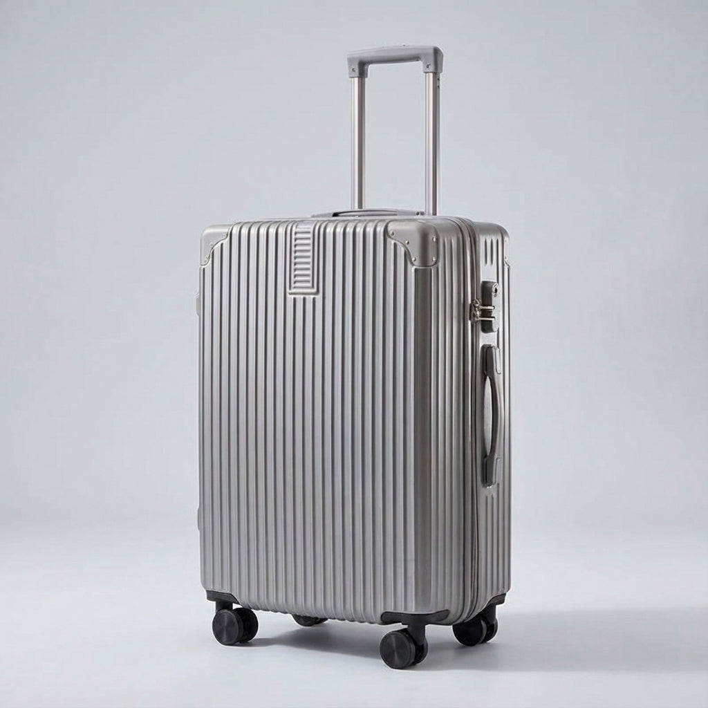 Zijaanzicht van de stijlvolle retro reiskoffer, met nadruk op de duurzame hoekbescherming en tijdloos design.