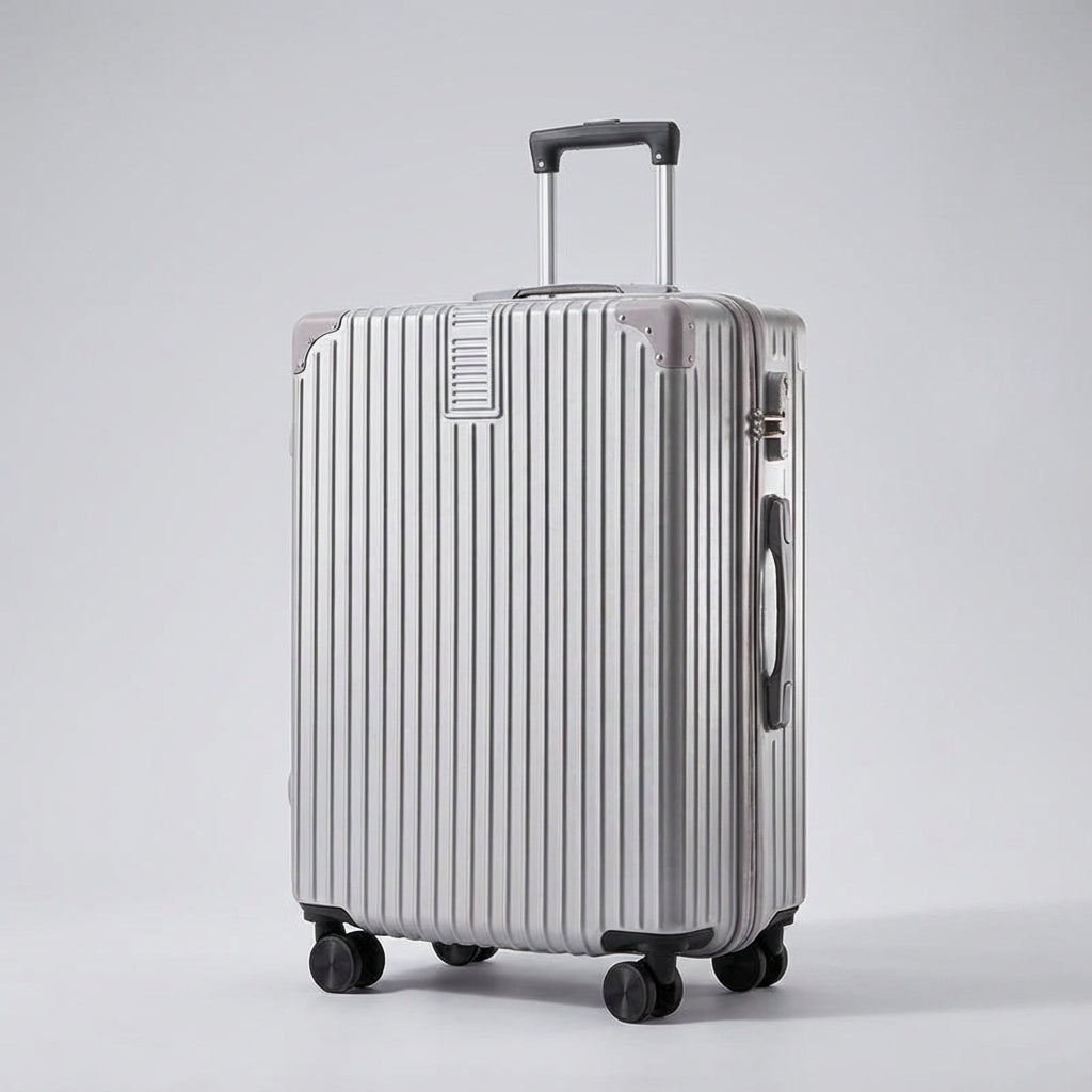 Stijlvolle retro koffer met versterkte hoeken, perfect voor je bagage op duurzame en georganiseerde reizen.