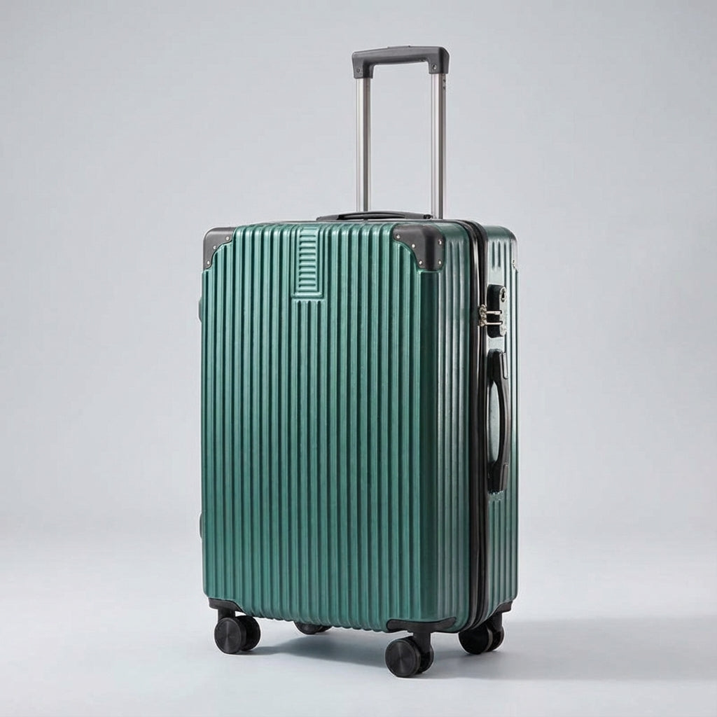 Open retro koffer interieur met slimme indeling en hoekbescherming, voor georganiseerd inpakken van bagage.