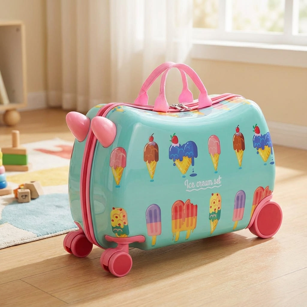 RidePop kinderreiskoffer met zitje en wielen voor eenvoudig reizen. Perfect als handbagage en speelkoffer.