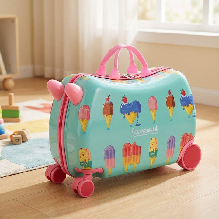 RidePop kinderreiskoffer met zitje en wielen voor eenvoudig reizen. Perfect als handbagage en speelkoffer.