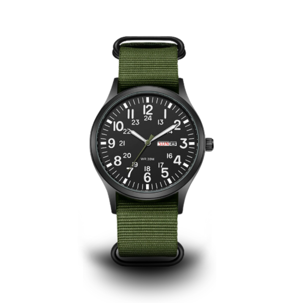 Robuust militair heren outdoorhorloge met waterbestendige kwartsbeweging en lichtgevende wijzers voor avontuurlijke mannen.