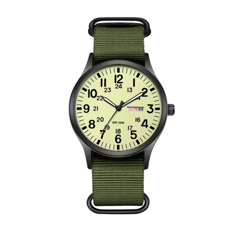 Duurzaam militair herenhorloge, robuust outdoor accessoire met zwarte kast, ideaal voor avontuur en sportieve activiteiten.
