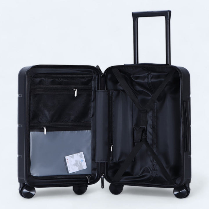 Hardcase kofferset, ontworpen voor duurzaamheid en gebruiksgemak op reis.