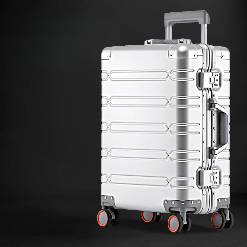 Duurzame aluminium-magnesium koffer beschermt je bezittingen. Veilige reisbagage met een betrouwbaar TSA-slot.