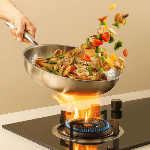Coatingvrije koekenpan in gebruik op een inductiekookplaat. Perfect voor efficiënt en gezond bakken.