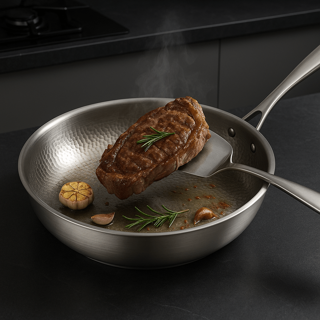 Gezonde maaltijd bereiden in de duurzame koekenpan zonder coating. Geschikt voor bakken en koken.