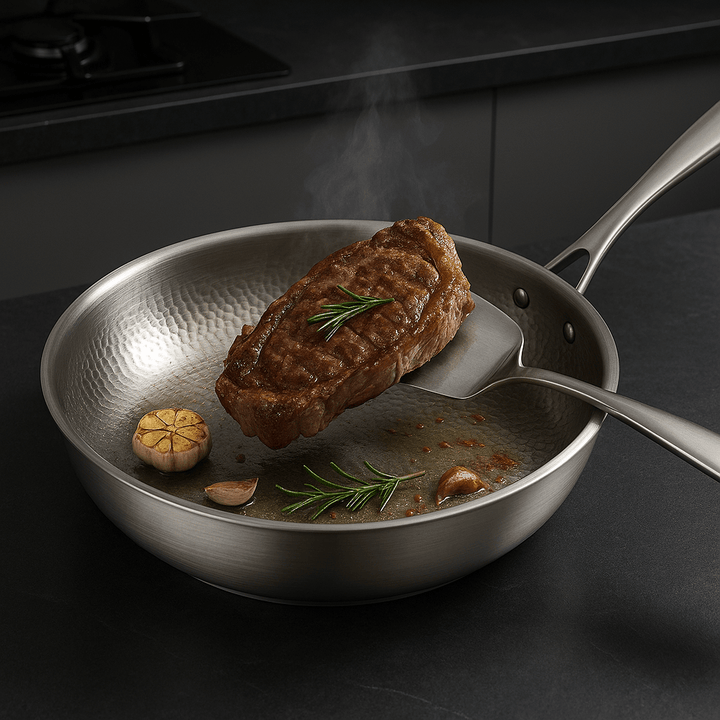 Gezonde maaltijd bereiden in de duurzame koekenpan zonder coating. Geschikt voor bakken en koken.