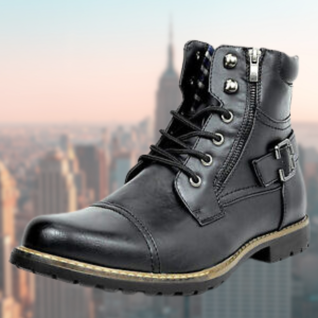 Robuuste zwarte heren veterlaarzen met zijrits; comfortabele, duurzame casual boots met stijl.