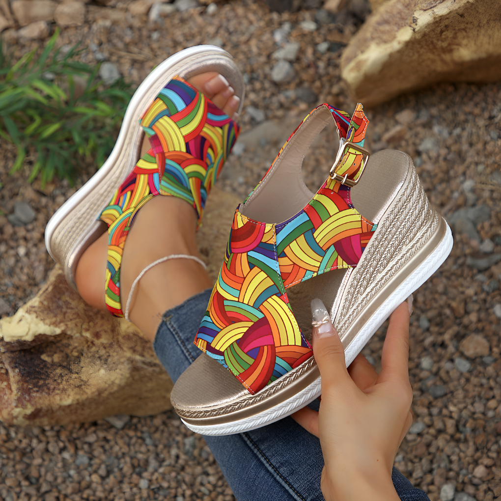 Rode damessandalen met comfortabele espadrille sleehak en plateauzool. Ideaal voor zomerse boho stijl of strandvakantie.