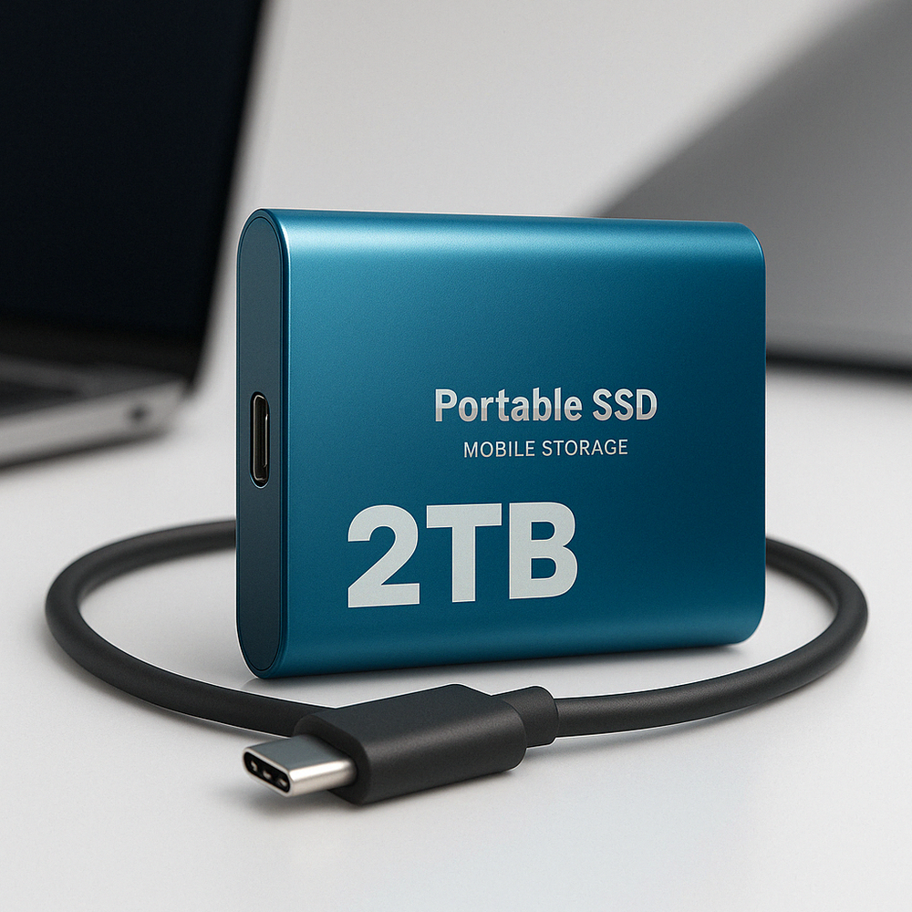 Compacte blauwe draagbare SSD 2TB met USB-C. Hoge snelheid data opslag voor file backup op Mac/Windows.