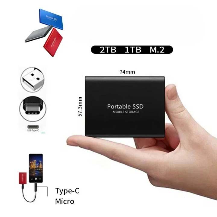 Rode, blauwe of zwarte 2TB draagbare SSD met USB-C. Compacte, schokbestendige externe opslag voor bestanden.
