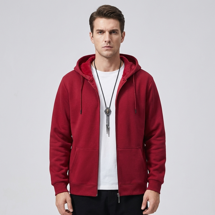 Rode heren zip-up hoodie van comfortabel katoen, perfect voor een casual of sportieve look.